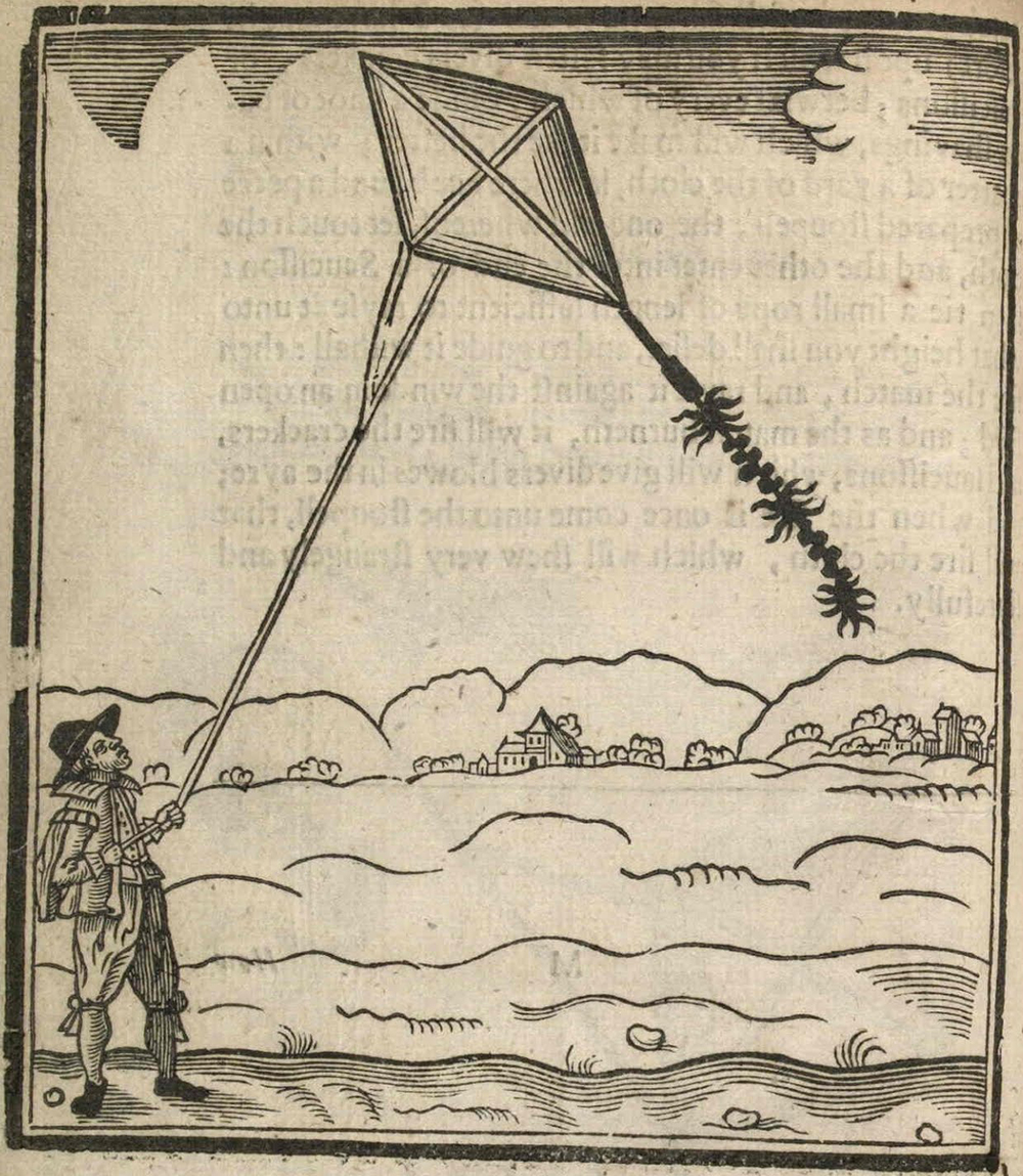The Firedrake (or dragon), a kite with its tail aflame, an engraving from The Mysteries of Nature and Art by John Bate published in 1634