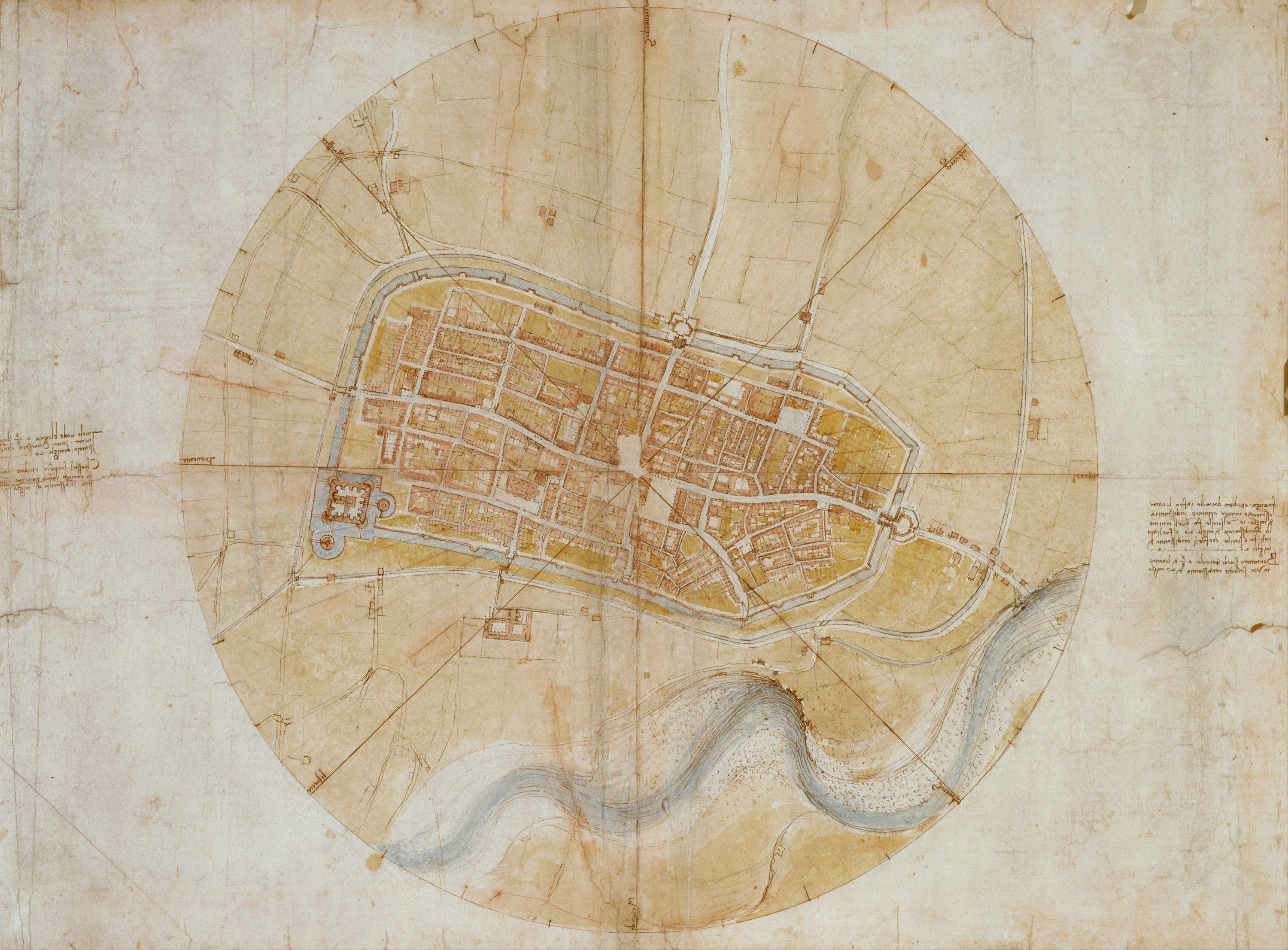 Leonardo da Vinci, Plan of Imola, 1502. Pen and ink, with coloured washes, and stylus lines, over black chalk  44.0 x 60.2 cm. Royal Collection Trust / © HM Queen Elizabeth II 2015 