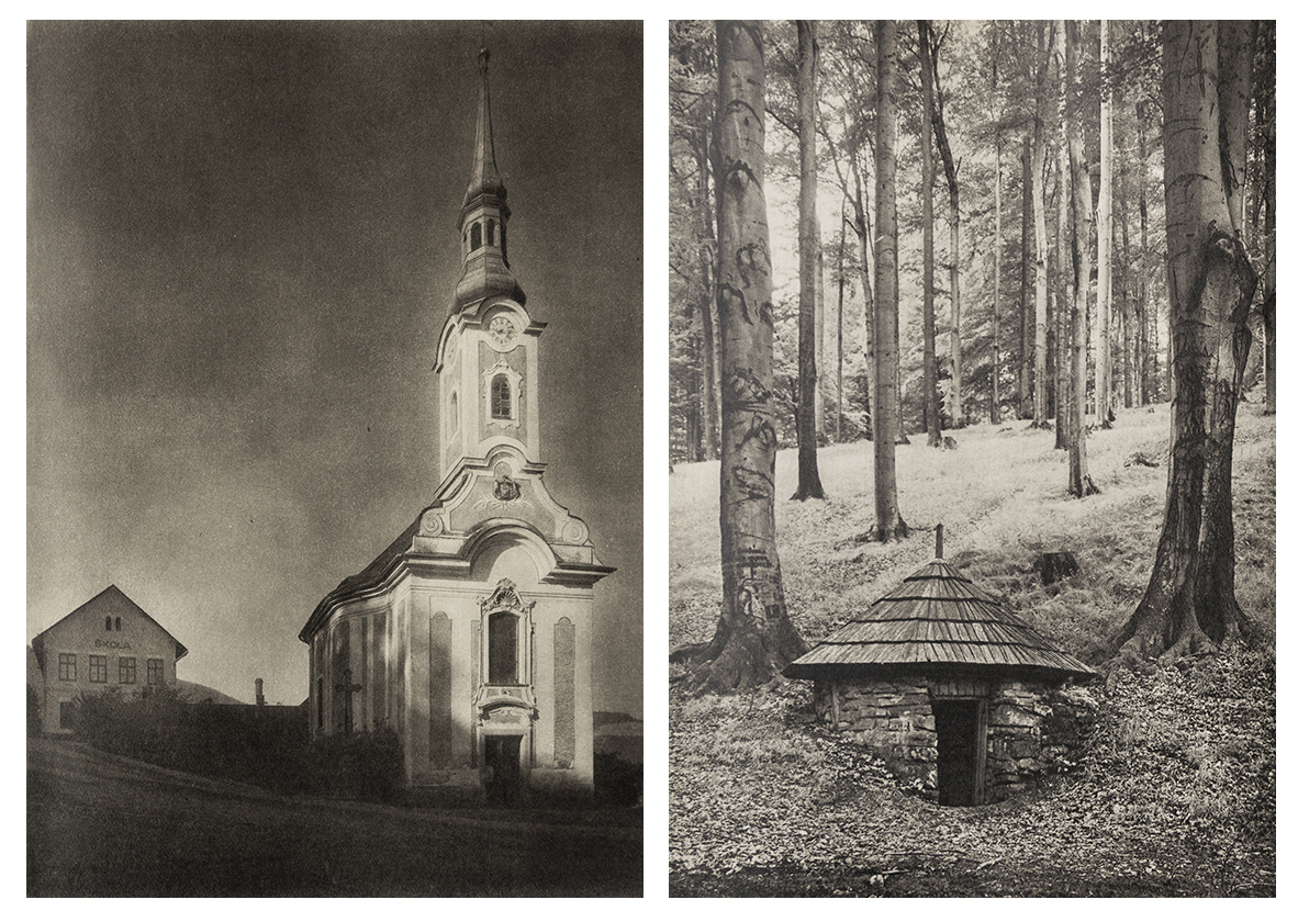 Figure 13.12. Photographies de Hukvaldy, extraites de Janáček-Hukvaldy. À gauche, l’église, et derrière elle, l’école où Janáček a vécu avec sa famille. À droite, une cabane abritant une source dans le parc naturel de Hukvaldy.